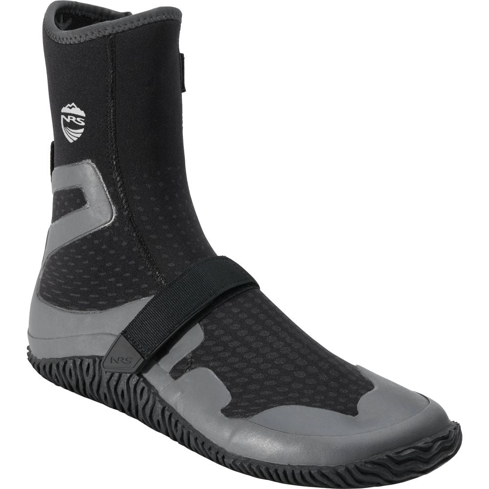 Discover the NRS Paddle WetShoe, a neoprene water boot in grey and black with a high-traction sole and secure ankle strap. The NRS logo adorns the side, making it perfect for aquatic adventures.