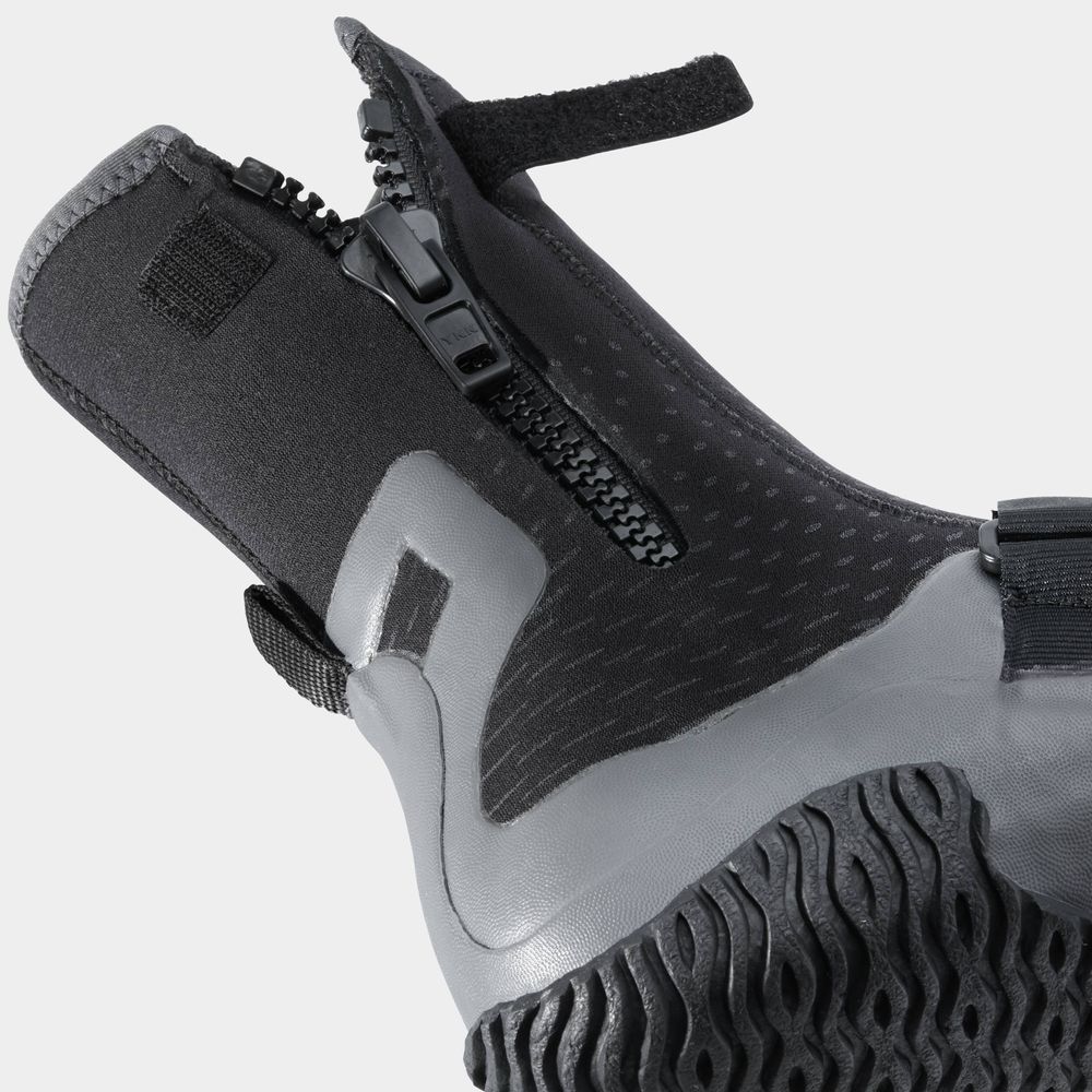 Detailed view of NRS Paddle WetShoe in black and gray, designed with a high-traction sole, zipper closure, and Velcro fastener for extra convenience.