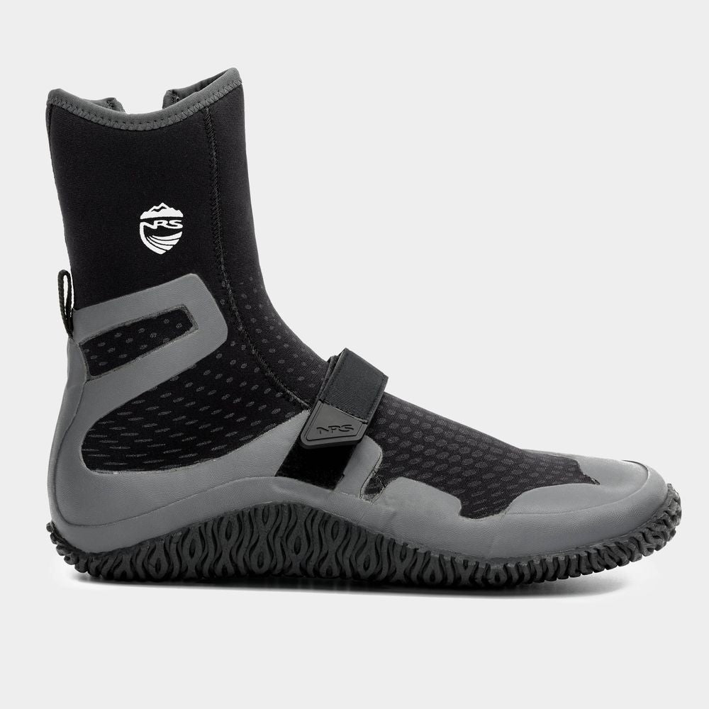 The NRS Paddle WetShoe, in black and gray neoprene, boasts a high-traction textured sole, an ankle Velcro strap for security, and a side logo.
