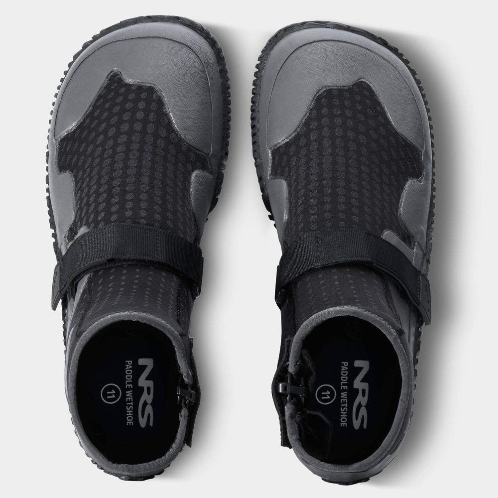 NRS Paddle WetShoe in black and gray features high-traction soles and neoprene ankle straps, viewed from above.