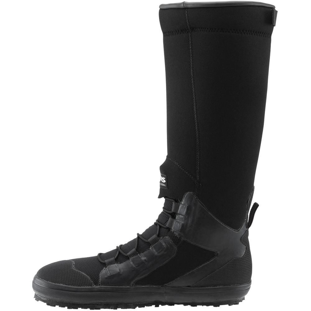 The NRS Boundary Boot is a tall, black neoprene boot with a rugged sole and reinforced areas. It's waterproof, making it ideal for outdoor or water activities.