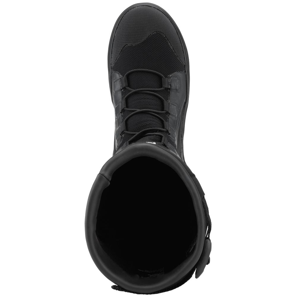 Top view of the Boundary Boot by NRS, a single black boot with a high ankle and laces, crafted from textured neoprene.