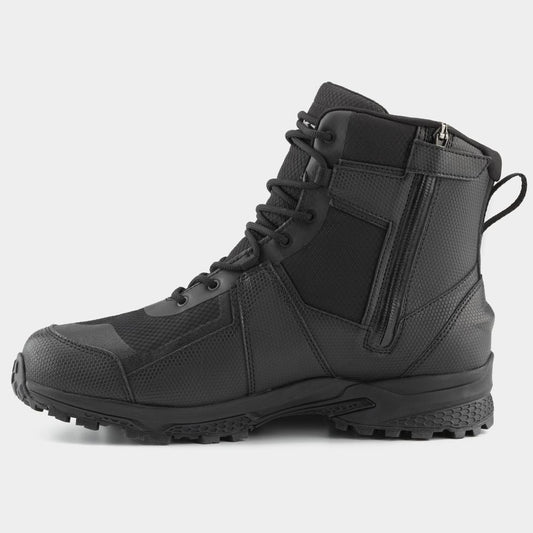 The NRS Storm Boot is a black tactical boot featuring a lace-up front, side zipper, and HyperGrip sole for enhanced traction, all set against a plain white background.