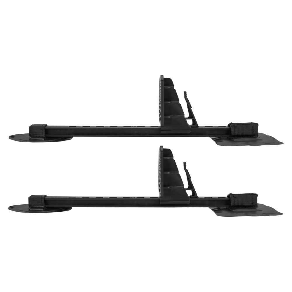 Two IK Foot Brace PVCs by NRS, adjustable black roof bars with clamps ideal for securing inflatable kayak foot braces, are displayed side by side against a white background.