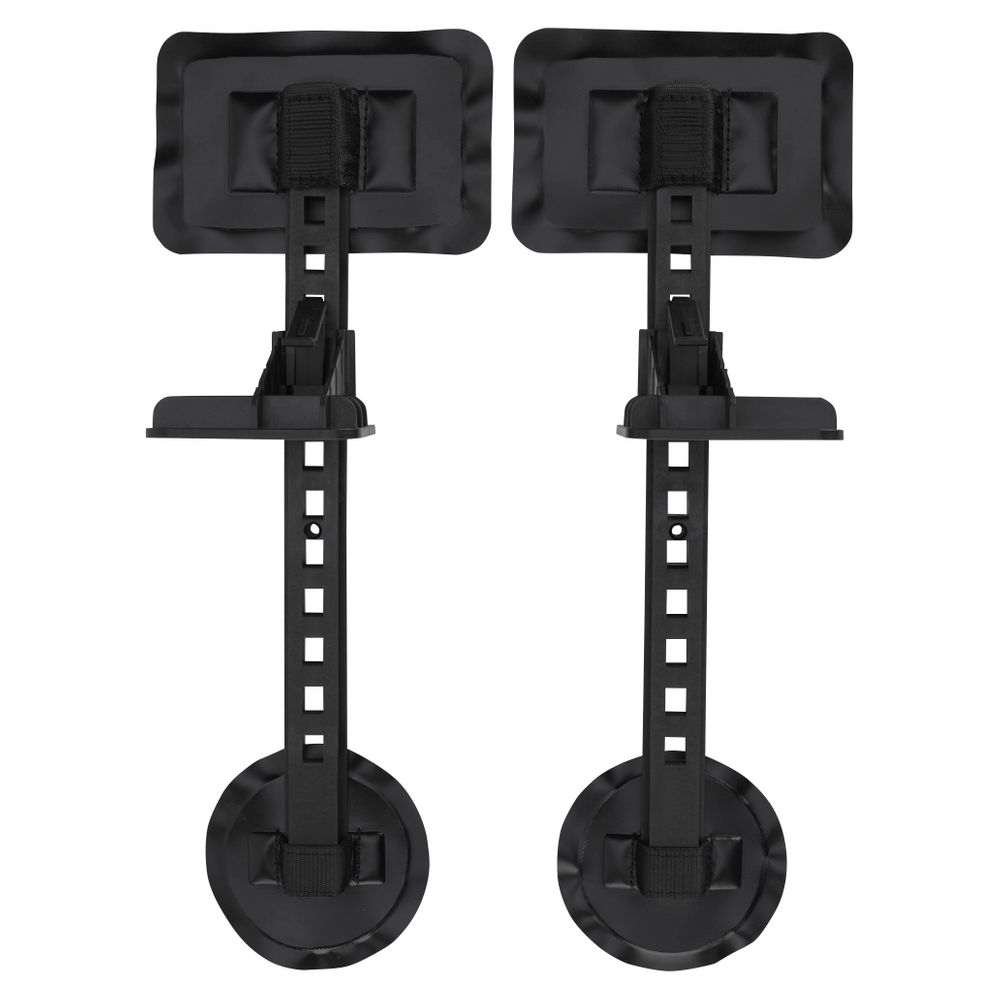 Two IK Foot Brace PVC car mounts by NRS, in black, come with adjustable cup holders and robust braces for secure grip. They feature round suction bases and rectangular grips.