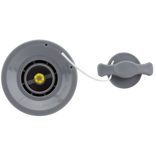 The NRS Halkey-Roberts Short Valve is a gray circular drain plug with an attached stopper, featuring a yellow center and white cord, designed as a replacement valve for rafts.