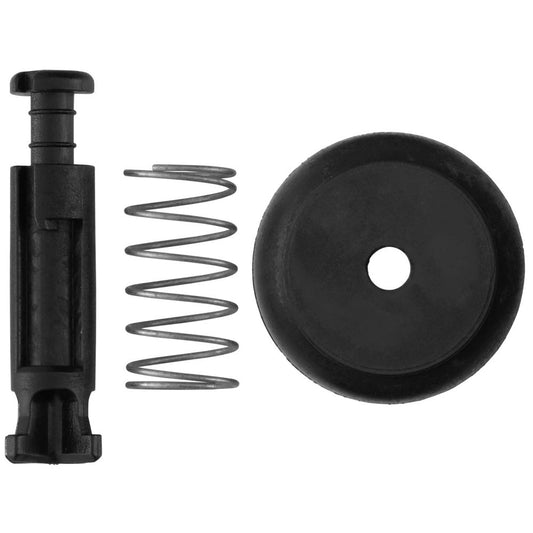 A black rubber diaphragm, metal spring, and black plastic valve plunger from the NRS Leafield C7 Repair Kit are displayed on a white background.
