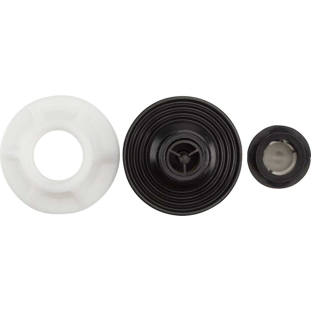 The assembly features three circular components: a white plastic ring, black ribbed disk with a central opening, and a small black mesh piece, resembling the NRS Leafield A6 Pressure Relief Valve, which operates at 2.5 PSI.