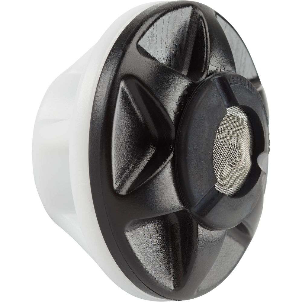 The black and white aerator, featuring a star-like pattern and mesh screen, is designed for optimal performance with the NRS Leafield A6 Pressure Relief Valve set at 2.5 PSI for enhanced reliability.