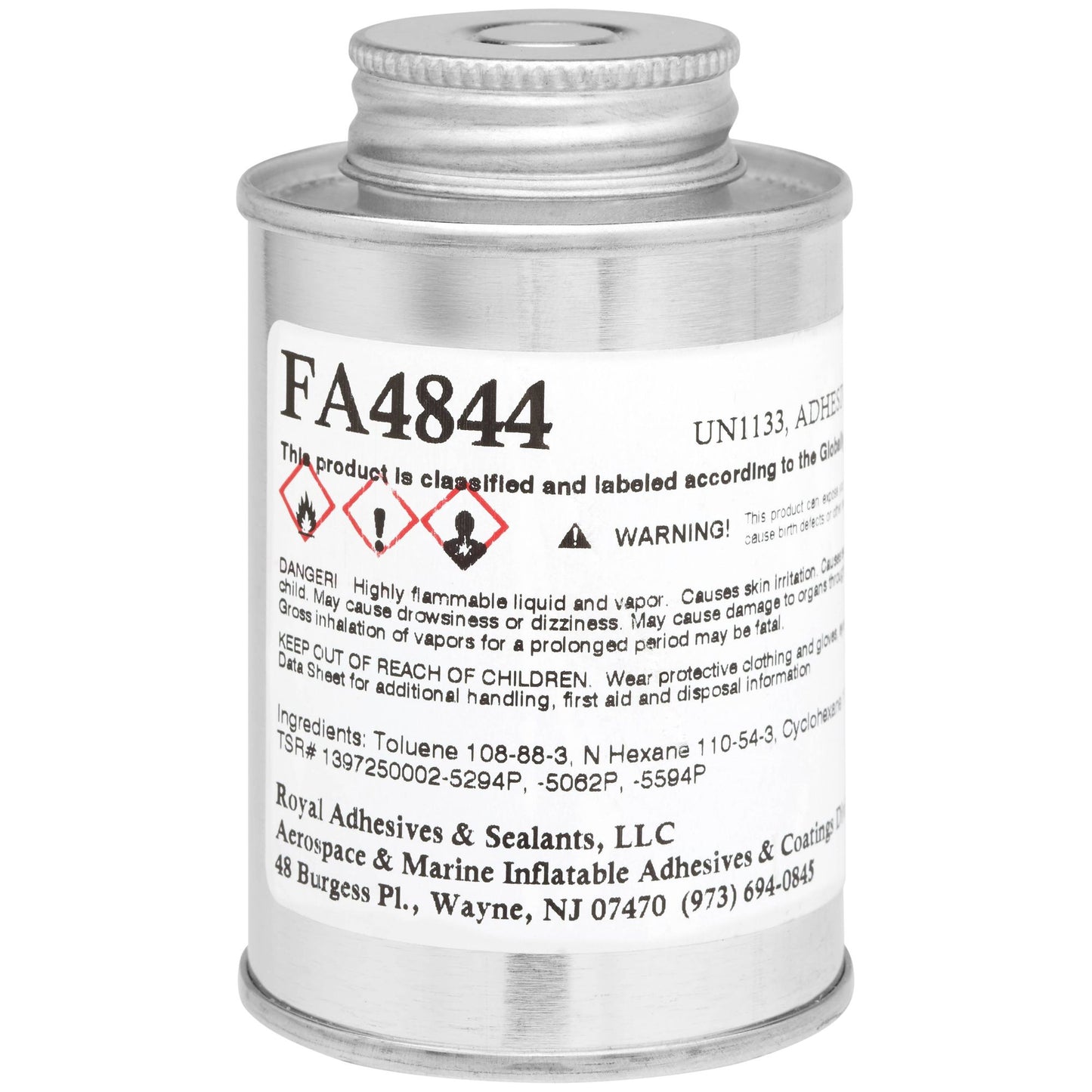 A metal canister labeled Clifton Hypalon Adhesive from Coyote River Gear, containing neoprene adhesive, with warning symbols and safety information printed on a white label.