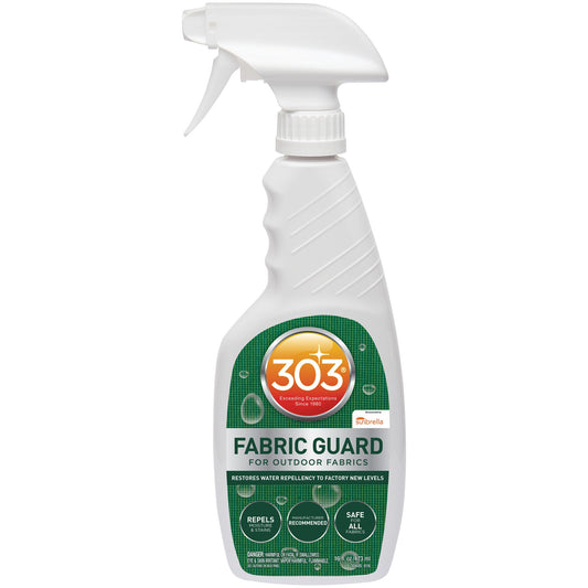 A bottle of 303 Fabric Guard spray with a trigger nozzle, designed for restoring and enhancing the water repellency and stain repellency of outdoor fabrics.