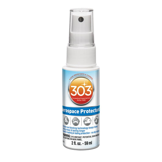 A 2 fl. oz. bottle of 303 Protectant, featuring a spray nozzle and a blue label with orange and white text. This eco-friendly formula offers UV protection to prevent fading and cracking.