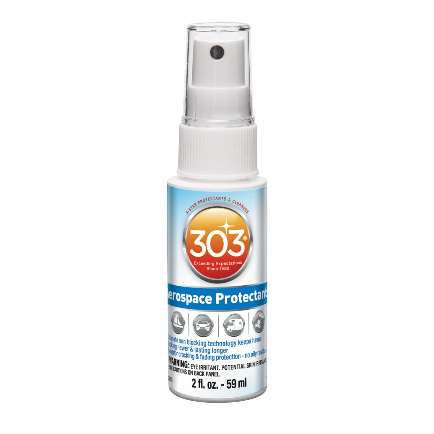 A bottle of 303 Protectant spray, designed to provide UV protection and prevent fading for materials including inflatable boats, 2 fl. oz size.