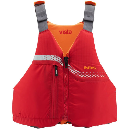 The Vista PFD by NRS is a red and orange life jacket featuring "vista" and "NRS" logos, a front zipper, gray adjustable straps, and is US Coast Guard certified for premium water safety.