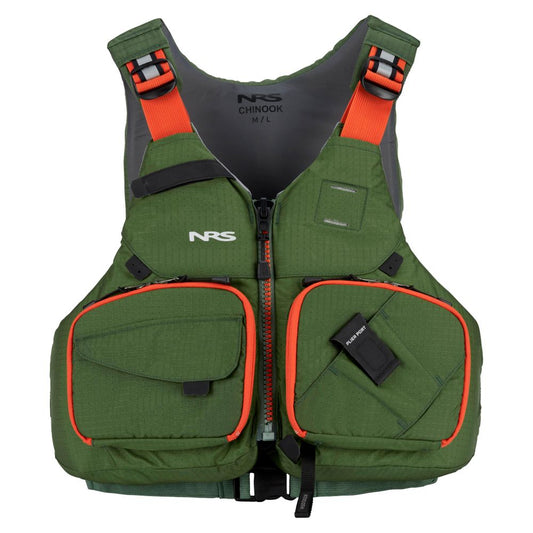 The NRS Chinook Fishing PFD in green and orange features multiple pockets and buckles, tailored for medium and large sizes.
