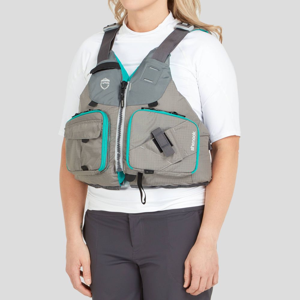 Featuring the Shenook PFD fishing pfd, womens fishing pfd, womens pfd manufactured by NRS shown here from a third angle.
