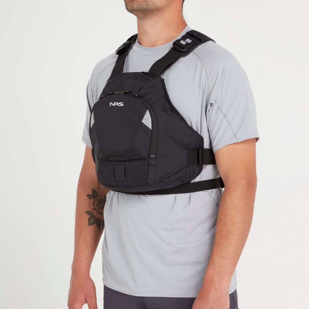 Person wearing an NRS Ninja PFD over a gray shirt, with visible straps, standing against a plain background.