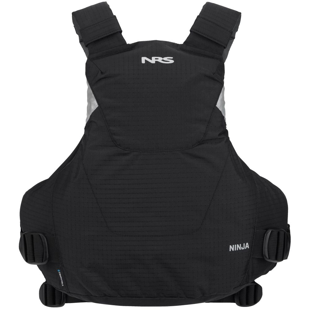 The NRS Ninja PFD is a black performance jacket with adjustable straps, providing superior flotation and comfort.
