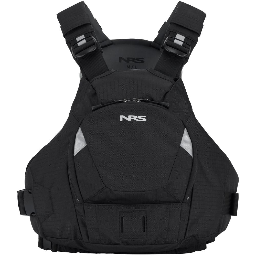 The NRS Ninja PFD, a compact black life jacket perfect for kayaking or water sports, features adjustable straps and a front pocket for paddlers.