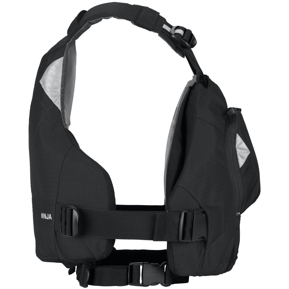 The NRS Ninja PFD offers superior flotation and practicality on the water with its adjustable straps and side pockets, available in black.