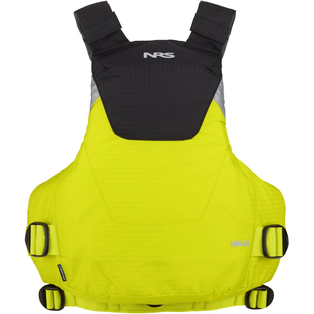 The NRS Ninja PFD is a bright yellow flotation device with black shoulder straps and gray accents, featuring side-adjustable buckles for optimal performance.