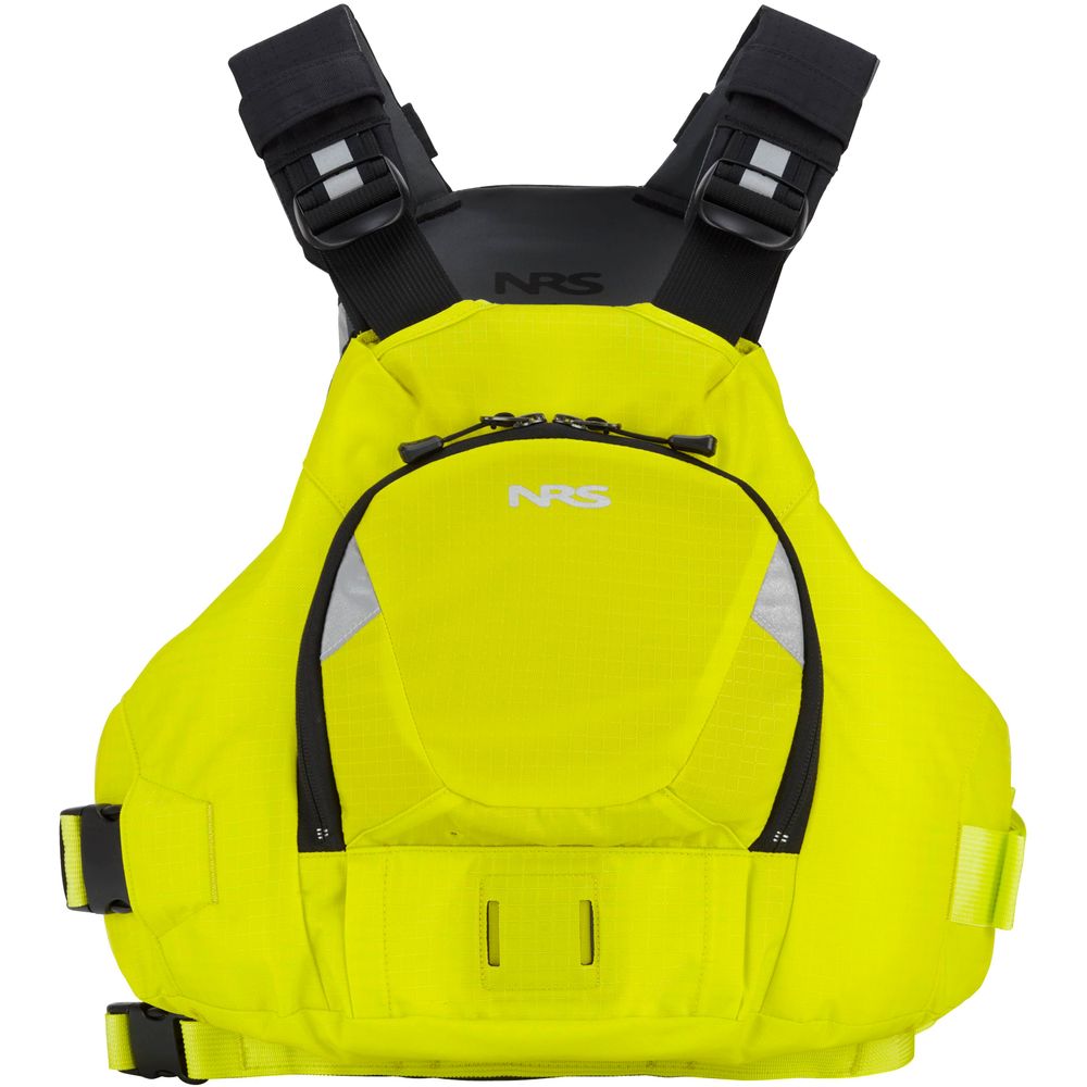 The NRS Ninja PFD is a vibrant yellow life jacket tailored for paddlers, equipped with black adjustable straps and a front zipper pocket. This performance gear provides exceptional flotation in a compact design, ensuring safety and unrestricted movement.