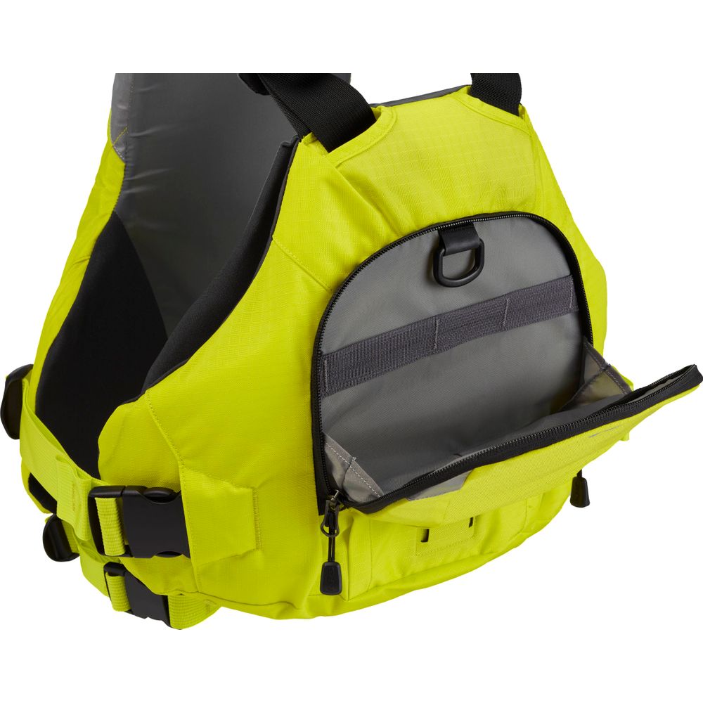 A vibrant yellow life jacket by NRS, the Ninja PFD highlights a sleek design with an open front pocket, black straps, and secure buckles.