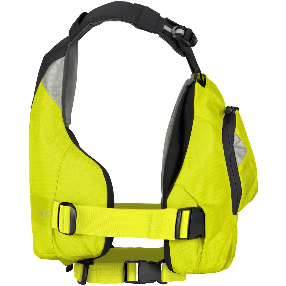 The NRS Ninja PFD, in bright yellow and black, features adjustable straps and a zippered pocket. It's designed to provide optimal flotation and safety for water activities.