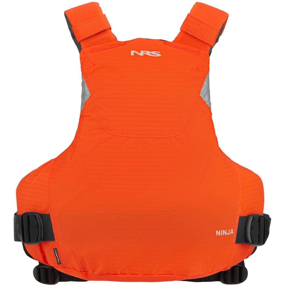 The NRS Ninja PFD is a top-notch life jacket with adjustable black straps and a "Ninja" label for excellent flotation.