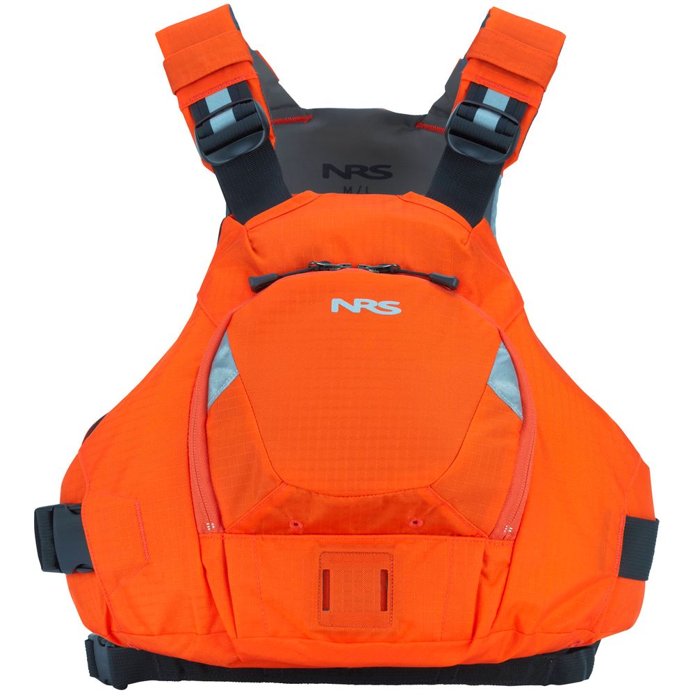 The NRS Ninja PFD is a compact, bright orange life jacket featuring adjustable black straps and reflective silver patches. Designed for paddlers, it provides optimal flotation and water safety.
