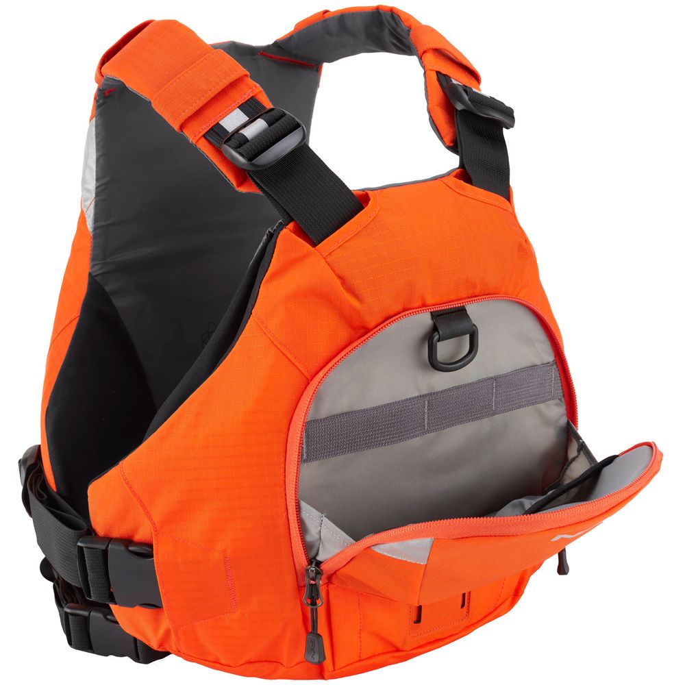 The NRS Ninja PFD is a comfortable orange life jacket with black adjustable straps, a front zippered pocket, and an innovative orbit fit system for better performance.