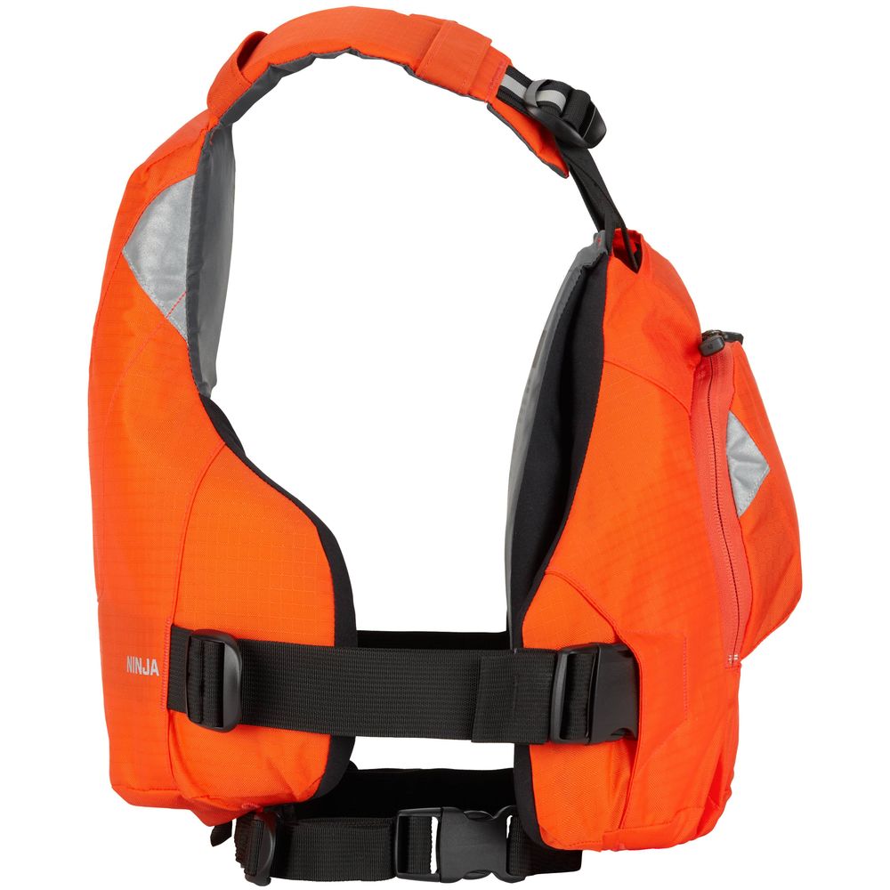 The NRS Ninja PFD is an orange life jacket featuring black adjustable straps and a side zipper pocket. Designed for safety and buoyancy, this performance jacket ensures optimal flotation, offering both comfort and security on the water.