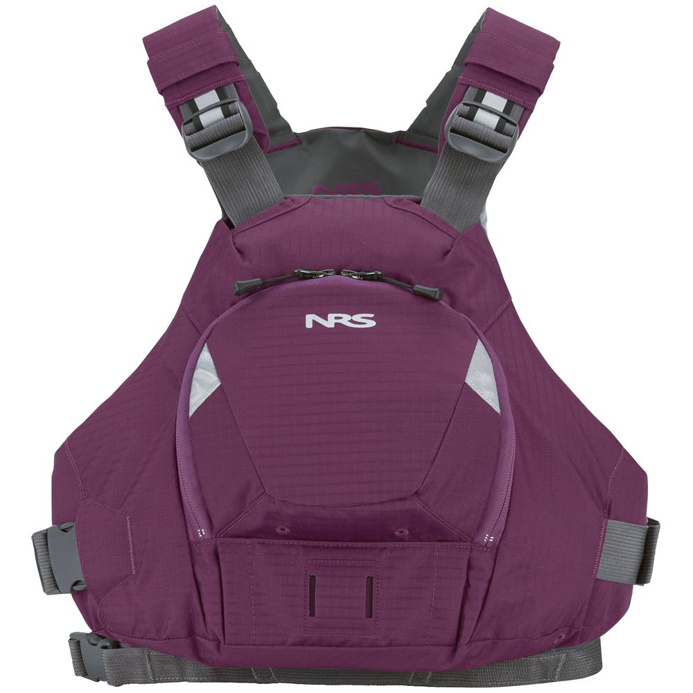 The NRS Ninja PFD is a purple life jacket with an orbit fit system, adjustable gray straps, reflective patches, and a front zipper pocket.