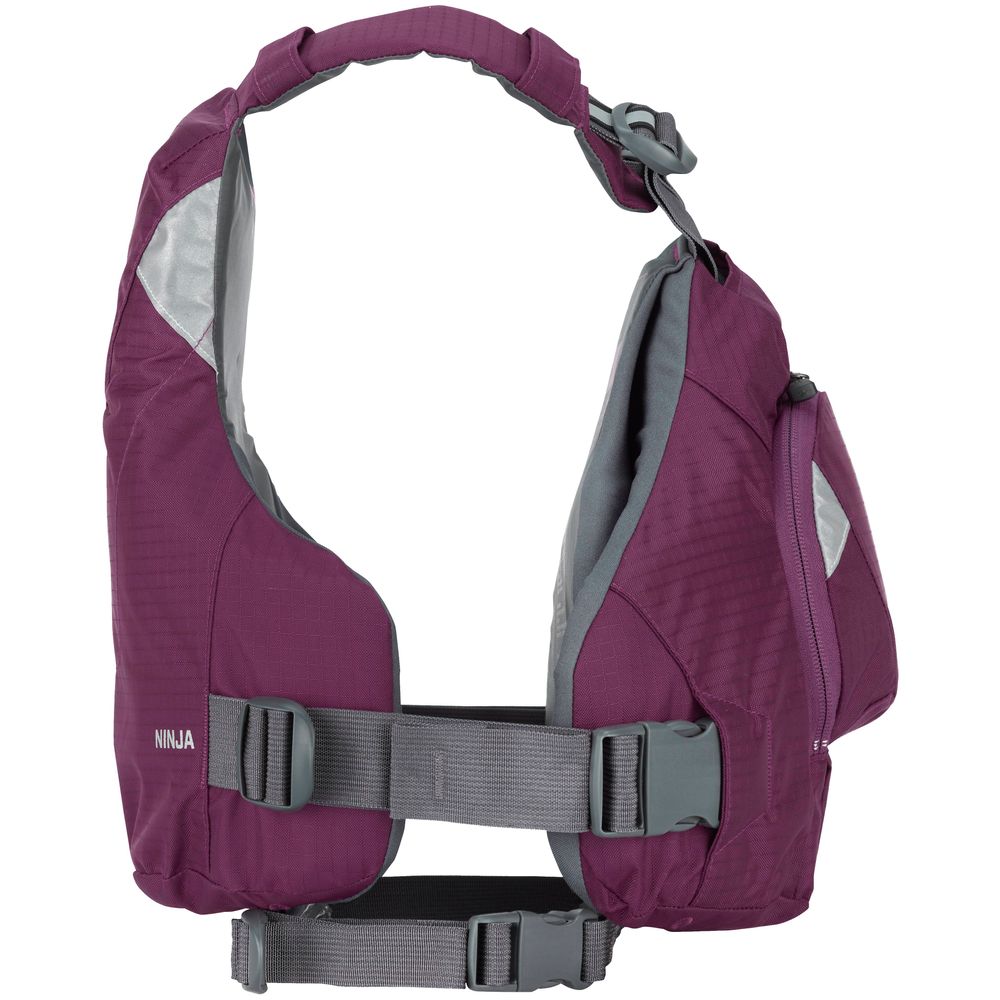 The NRS Ninja PFD is a stylish purple and gray life jacket with adjustable straps, an orbit fit system for comfort, a side zippered pocket, and the "NINJA" label—ideal for high-performance water adventures.