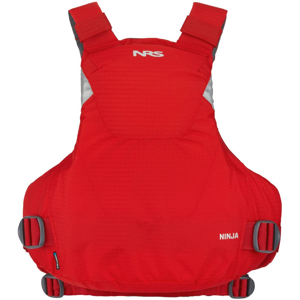 The NRS Ninja PFD life vest in red features the "NINJA" label and orbit fit system for comfort. Adjustable straps and buckles ensure a tailored fit, making it an excellent choice for water adventures.
