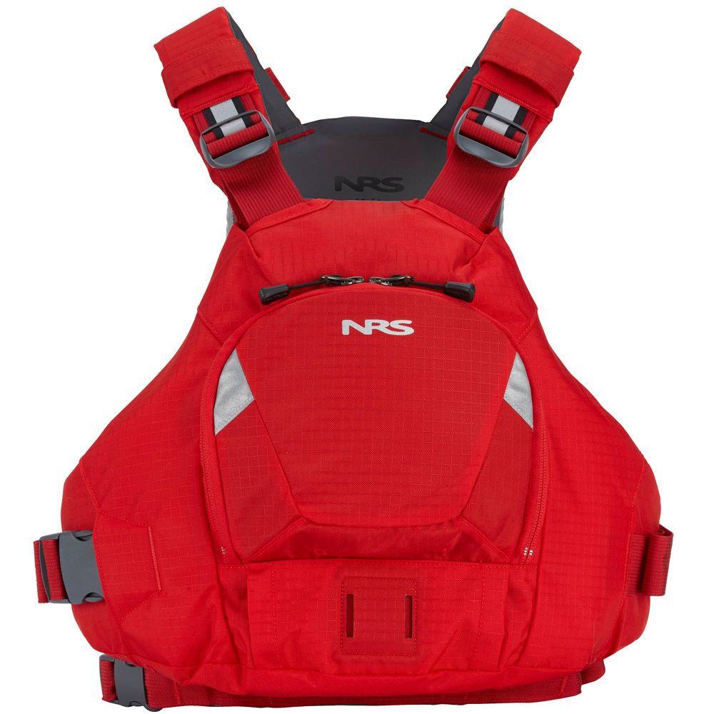 The Ninja PFD by NRS is a red life jacket featuring multiple straps, reflective patches, and the "NRS" logo on the front, designed for paddlers desiring performance in a compact size.
