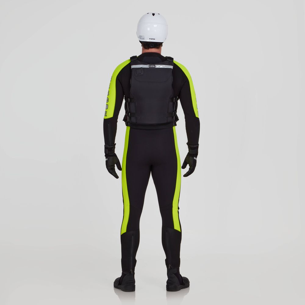 A person dons the NRS Big Water Guide Hi-Float wetsuit in black and neon green, featuring reflective tape. With a white helmet and black gloves, they are adventure-ready. Customizable accessories complete their sleek look.