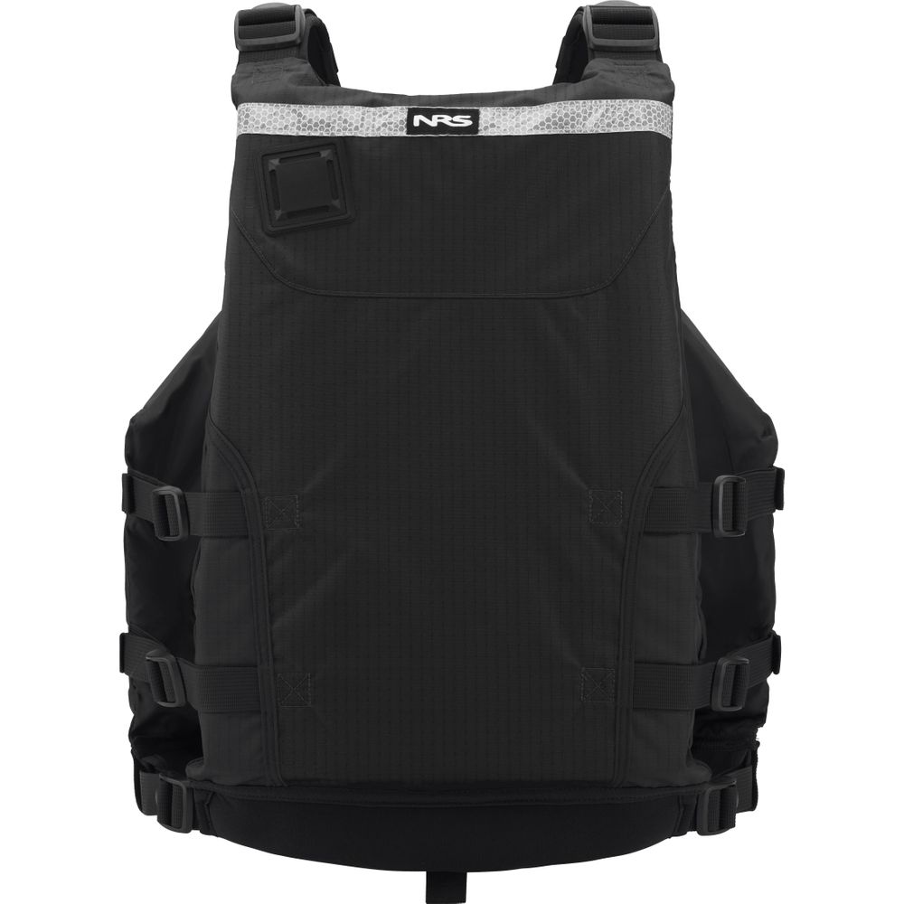 The NRS Big Water Guide Hi-Float is a black life jacket with high flotation PFD features, multiple adjustable straps, and a front SOLAS reflective tape patch.