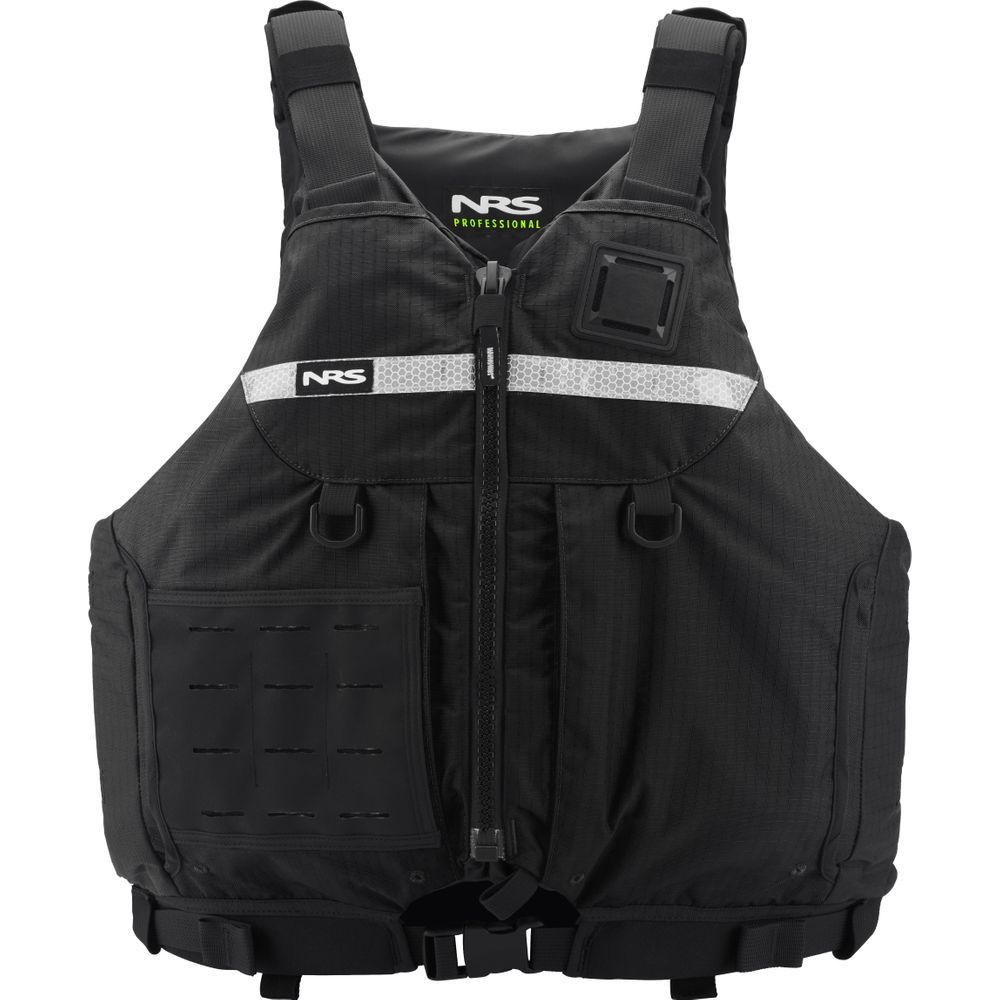 The Big Water Guide Hi-Float by NRS is a black life jacket with a front zipper, SOLAS reflective tape, adjustable shoulders, and multiple pockets. Ideal for adventurous water activities, it offers high flotation and customizable accessories for safety and convenience.