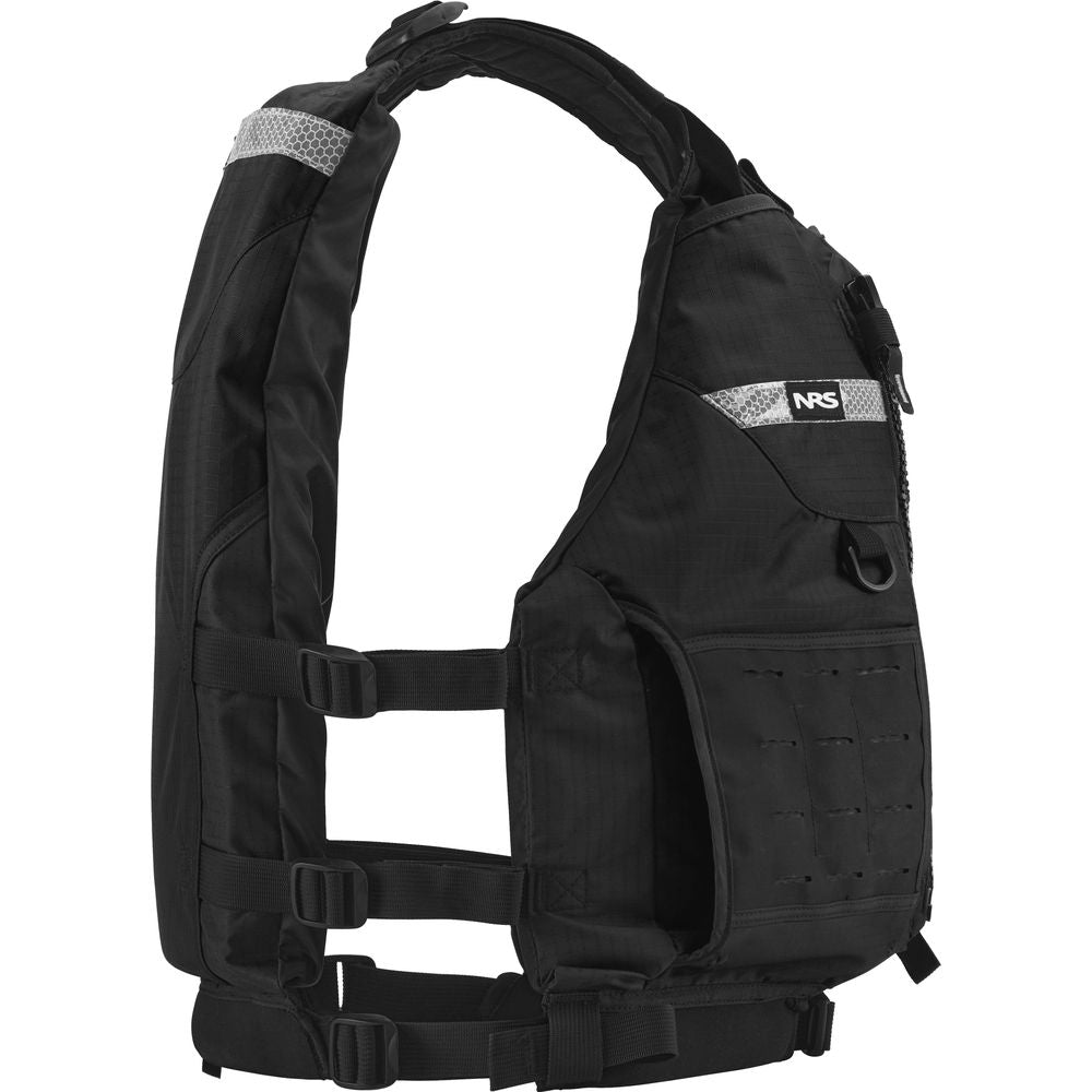 The NRS Big Water Guide Hi-Float is a black tactical vest with adjustable side straps, a front pocket, and reflective shoulder tape for visibility. Optional customizable accessories add personal flair and function.