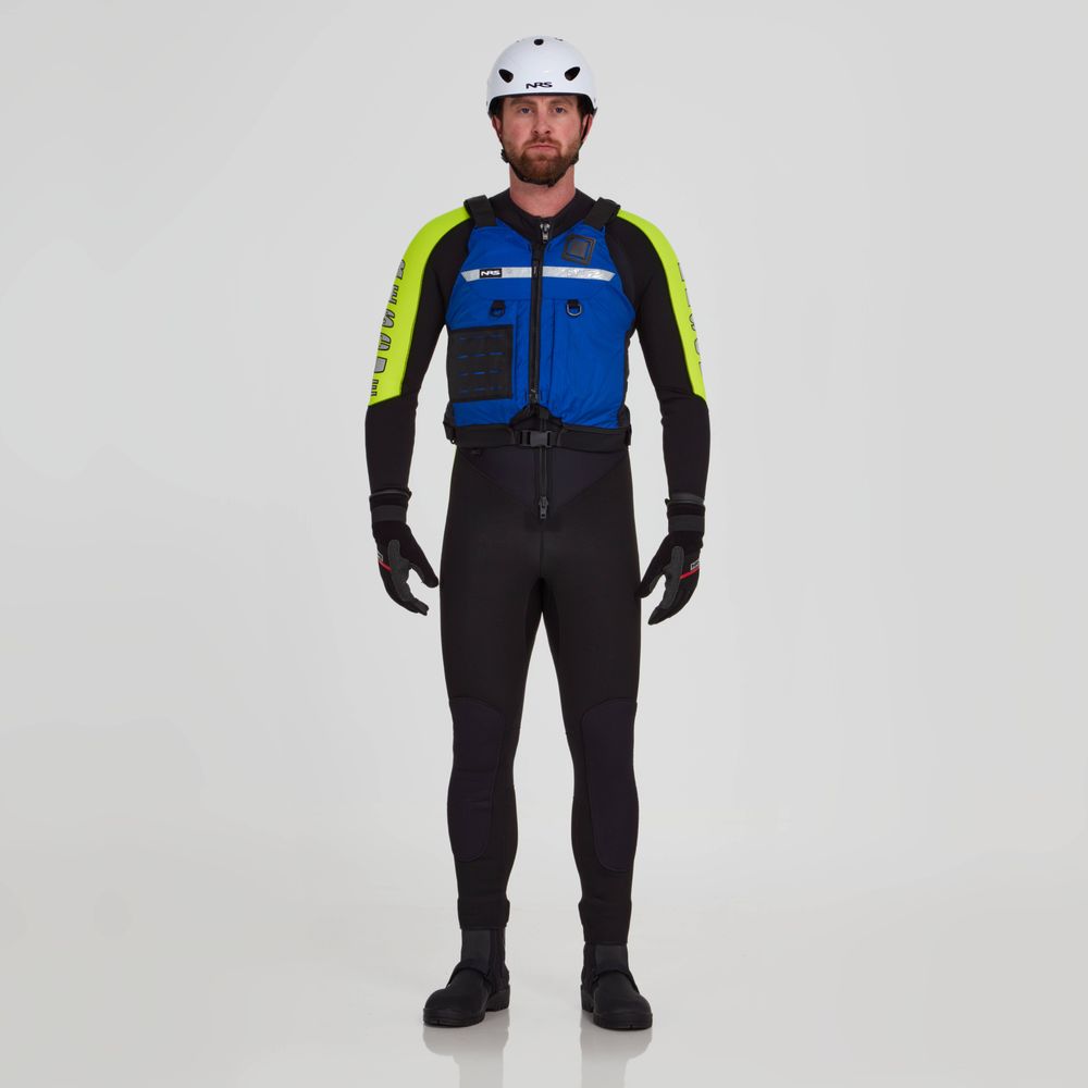 A person wearing the NRS Big Water Guide Hi-Float wetsuit in blue and black with a white helmet and gloves featuring reflective tape, set against a plain gray background.