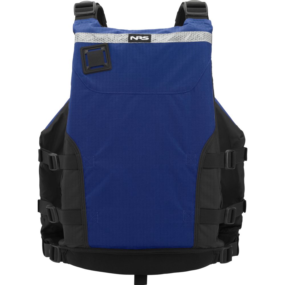 The NRS Big Water Guide Hi-Float life jacket, in blue and black, features shoulder straps, side buckles, and the NRS logo. It offers high flotation with customizable accessories for usability and reflective tape for added safety in low-light conditions.