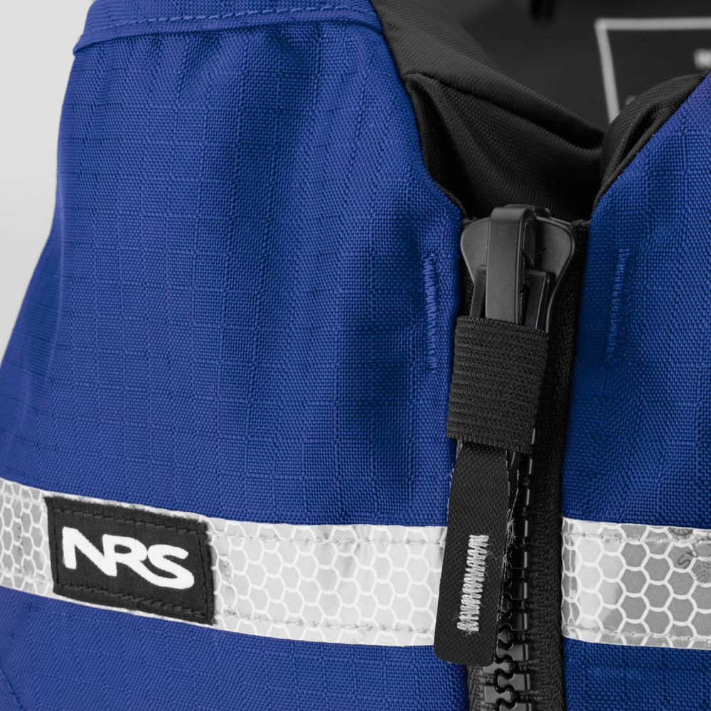Close-up of the Big Water Guide Hi-Float blue life jacket by NRS, showcasing a zippered front, high flotation PFD design, and reflective tape for added safety.