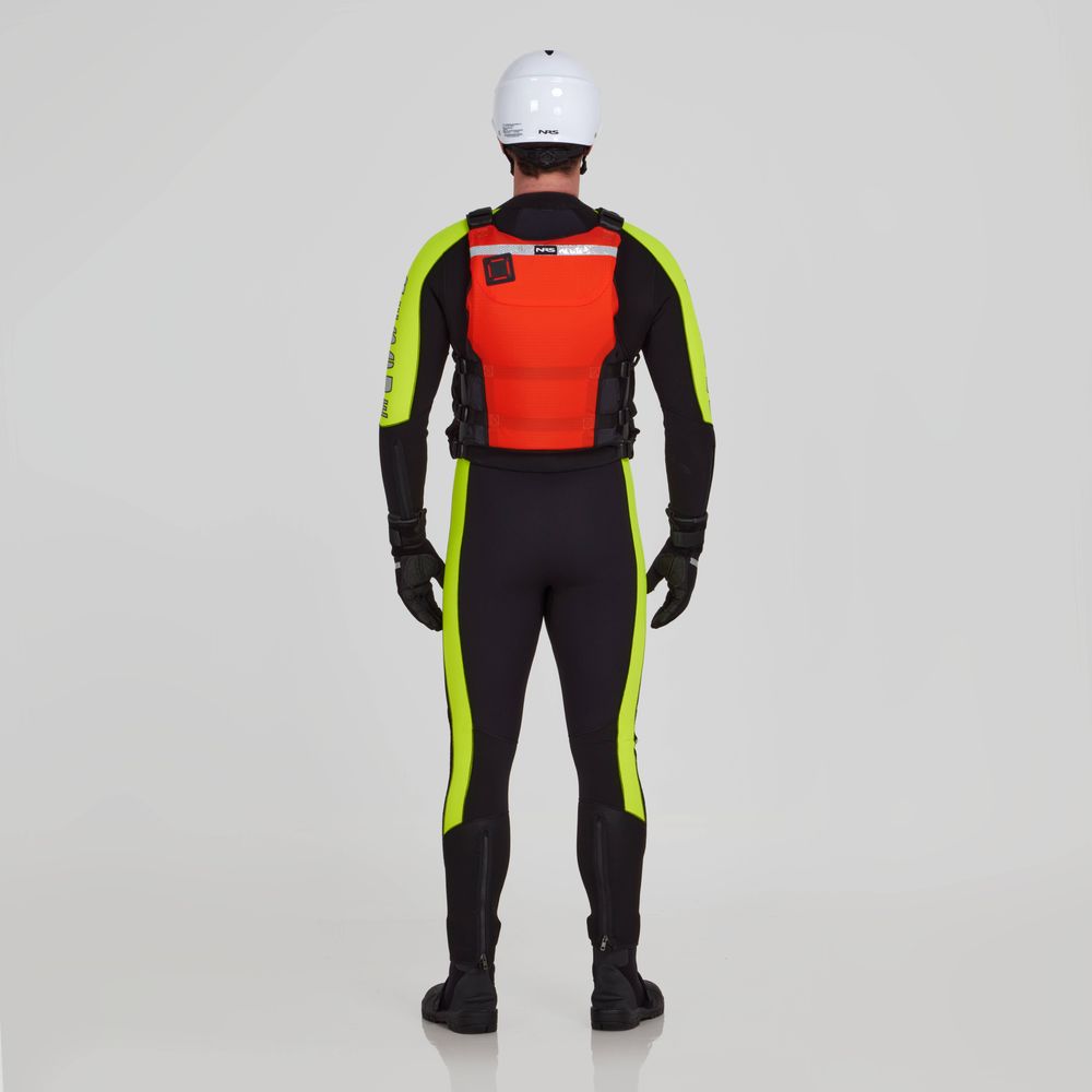 A person in a black and neon green wetsuit, wearing a white helmet with SOLAS reflective tape, and an orange NRS Big Water Guide Hi-Float PFD stands facing away on a gray background.