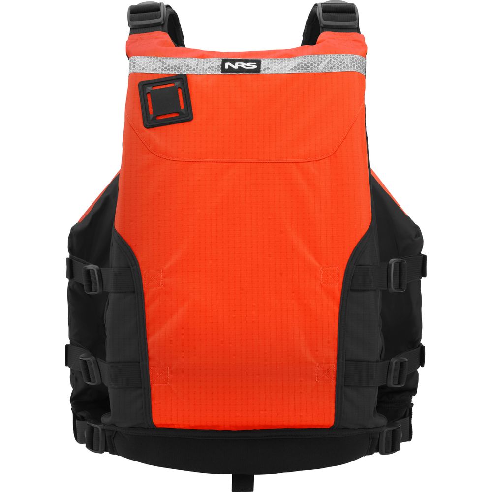 The NRS Big Water Guide Hi-Float features bright orange and black colors, adjustable straps, a buckle, and reflective tape for enhanced visibility.