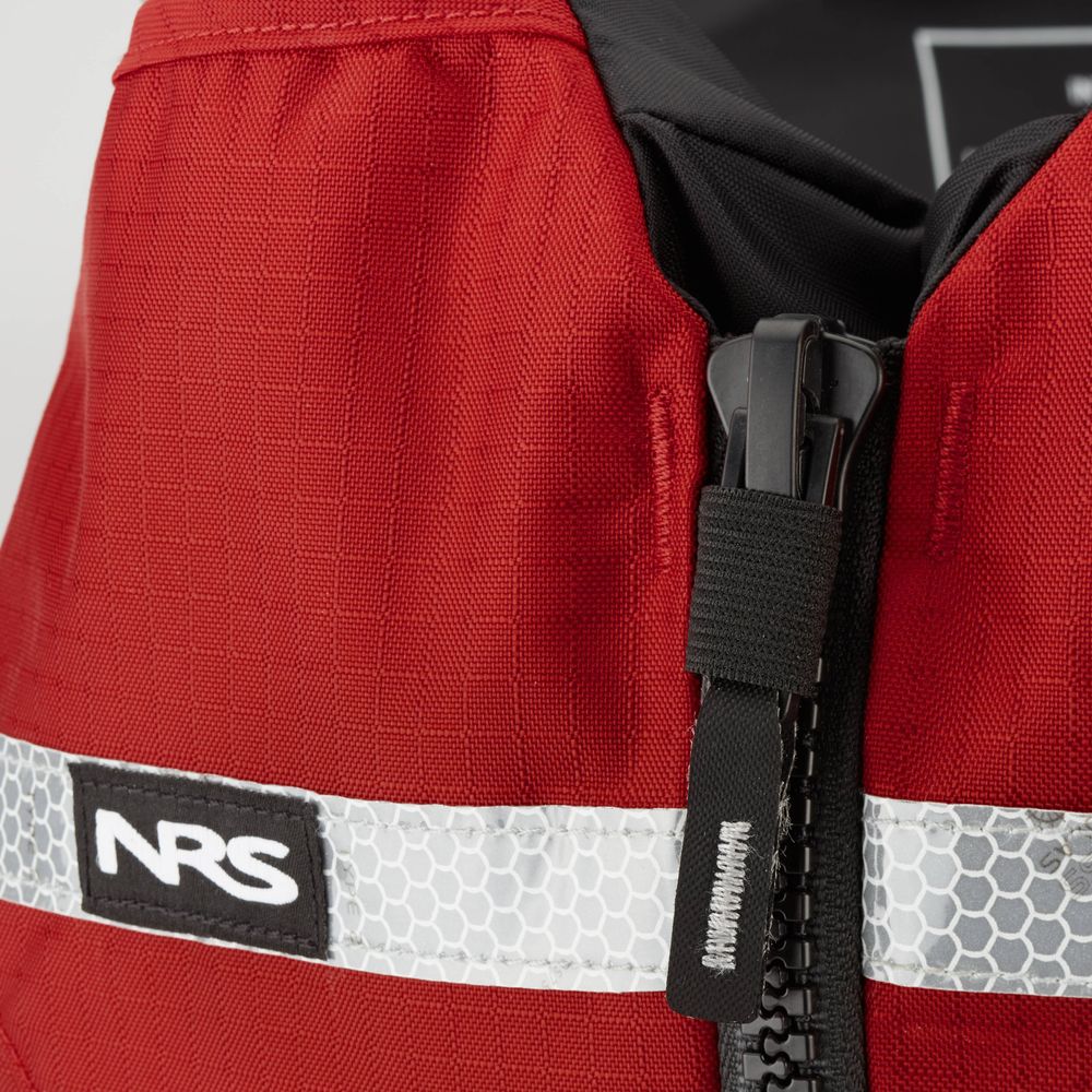 Close-up of a red Big Water Guide Hi-Float life jacket by NRS with a black zipper and "NRS" logo above a reflective strip, made from quick-drying nylon. This high flotation PFD ensures safety and comfort on the water.