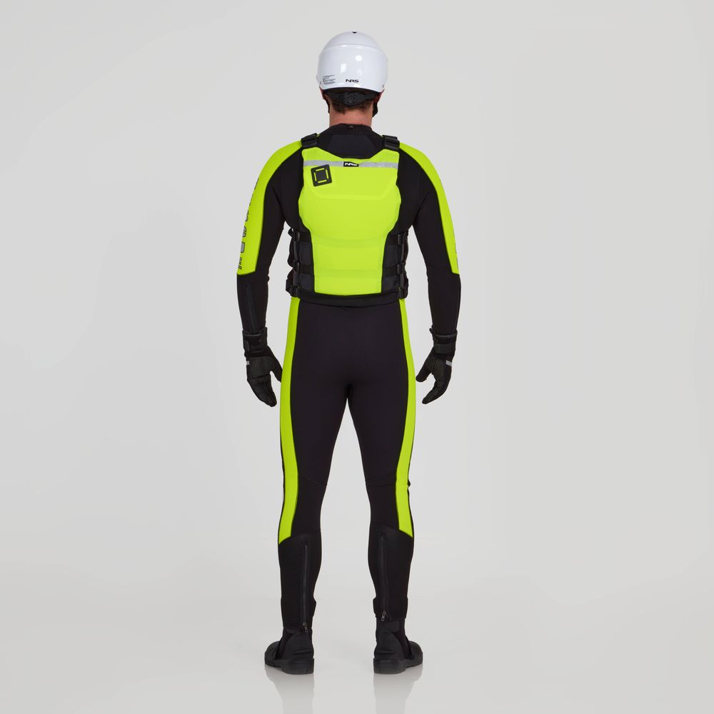A person wearing a Big Water Guide Hi-Float wetsuit by NRS, in black and neon green with reflective tape and a white helmet, is seen from the back against a plain background.