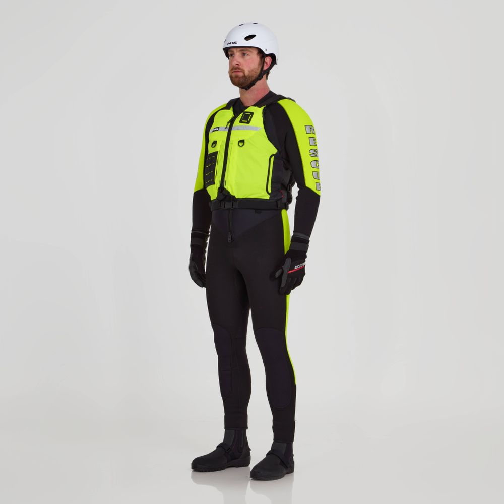 A person in a neon yellow and black NRS Big Water Guide Hi-Float wetsuit with a white helmet, black gloves, and boots stands against a plain white background, showcasing customizable accessories.