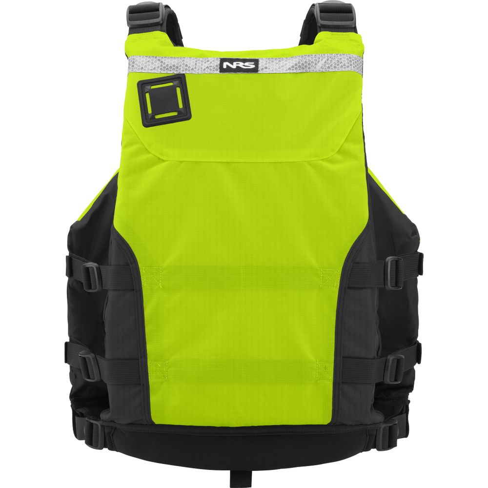The NRS Big Water Guide Hi-Float PFD features a bright yellow and black design with adjustable straps. Made from quick-drying nylon, it includes a reflective strip for visibility and offers customizable accessories for enhanced comfort and utility.