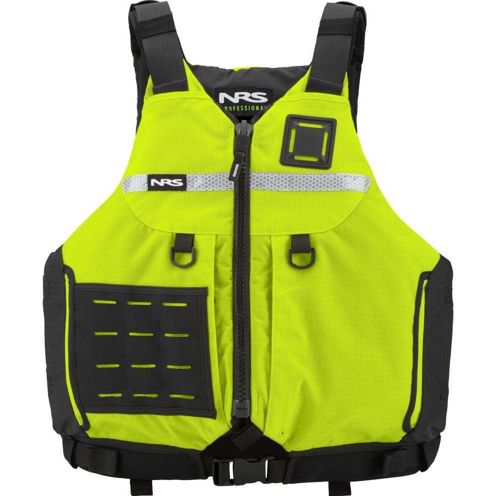The NRS Big Water Guide Hi-Float PFD is a bright yellow and black life jacket featuring adjustable straps, a front zipper, and pockets. Enhanced with reflective tape for extra safety, it's perfect for water adventures.